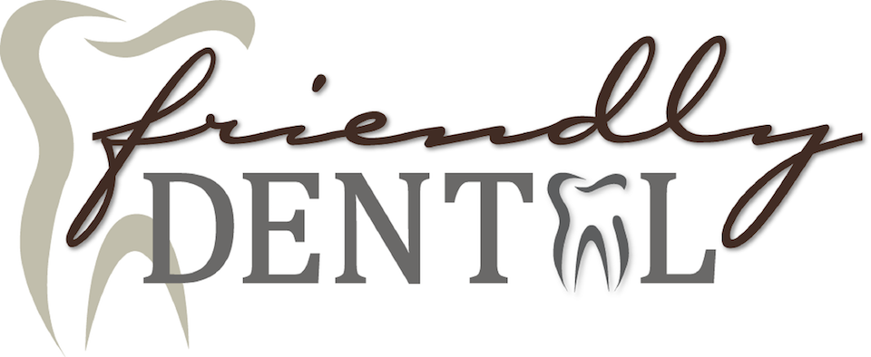 Logo for “Friendly Dental” featuring the word “friendly” in cursive brown font and “DENTAL” in bold gray uppercase letters. A stylized beige tooth graphic appears to the left, with the letter “A” in “DENTAL” shaped like a tooth to reinforce the dental theme.